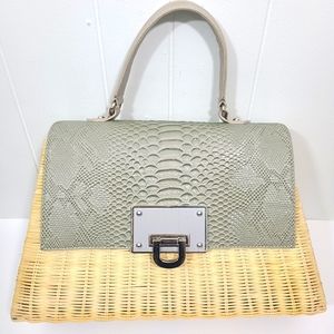 Italian Leather Wicker Bag Straw Jute Python Snake Leather Flap Turnlock Satchel